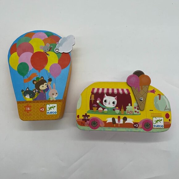 Set of 2 Djeco Jigsaw Puzzles 16 pieces Ice Cream Truck & Hot Air Balloon - Picture 1 of 3